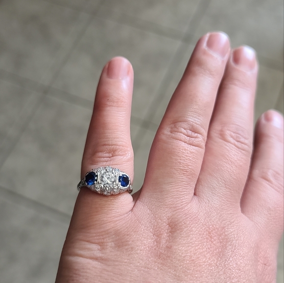 Platinum Art Deco Sapphire Diamond Cubic Zirconia - Picture 7 of 12